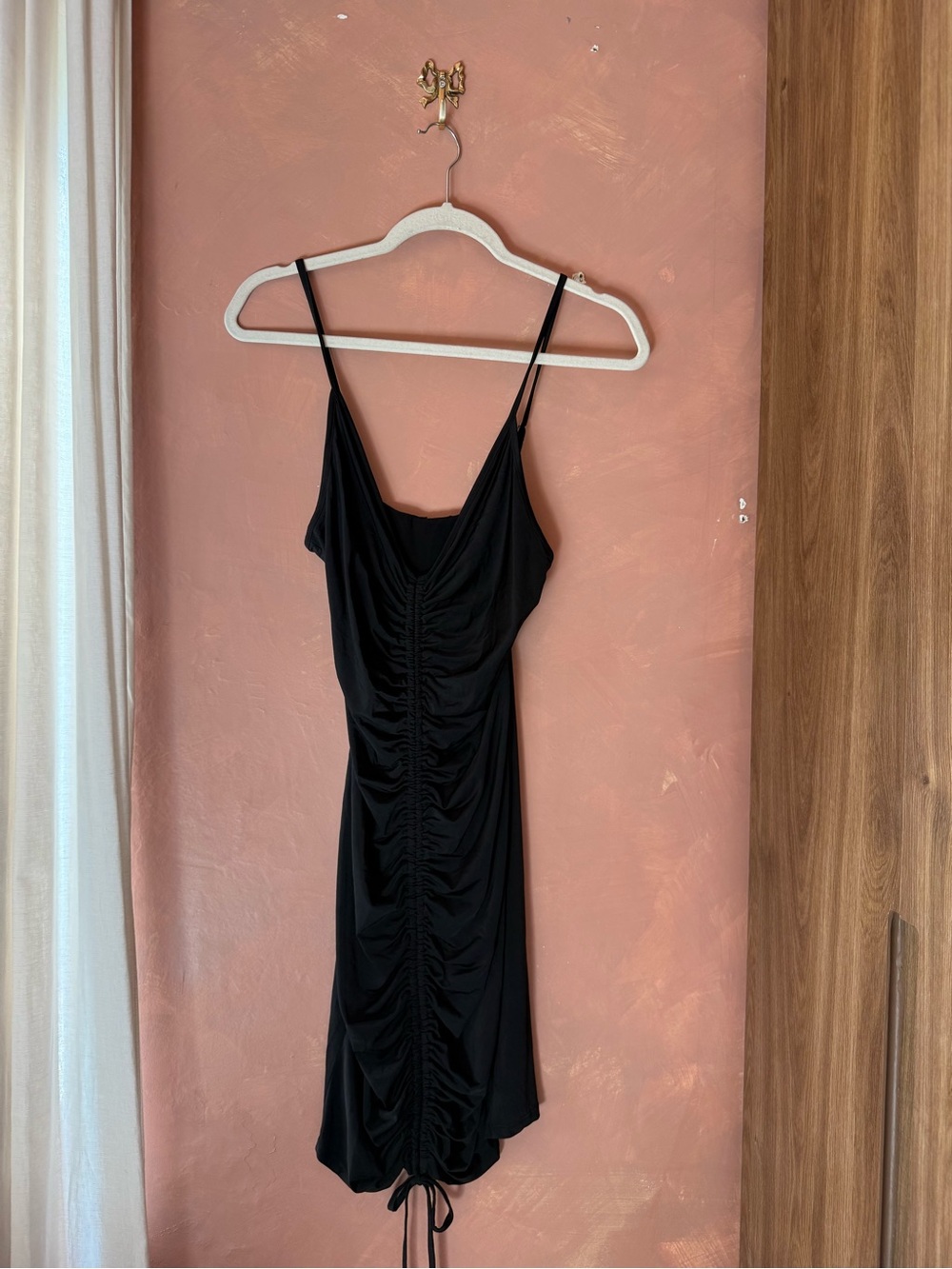 Fashion Nova Black Ruched Slip Dress with Adjustable Tie